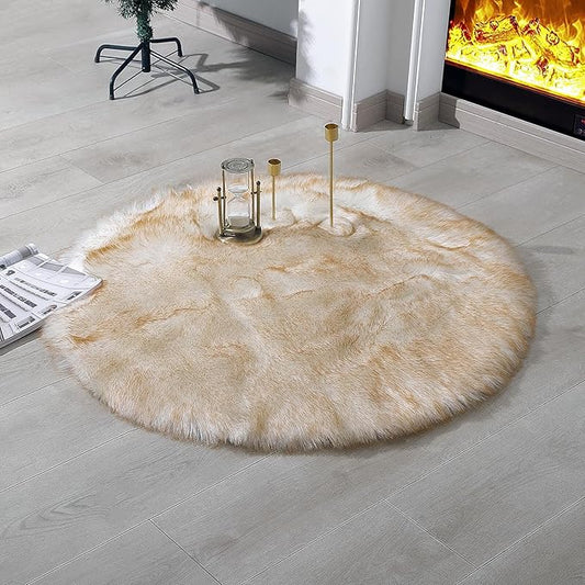 Faux Fur Rug Sheepskin Shag Fluffy Fuzzy 3x3 ft Rugs for Bedroom Bedside Bed Floor Living Room Plush Round High-Density Cushion Carpet Super Sofa Cover White and Yellow