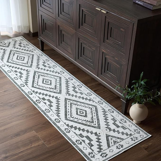Moroccan Washable Runner Rug 2x8, Geometric Woven Area Rug, Farmhouse Boho Hallway Rug Runner, Non-Slip Soft Lightweight Throw Rug for Bedroom Living Room Laundry Kitchen, Olive Green/White