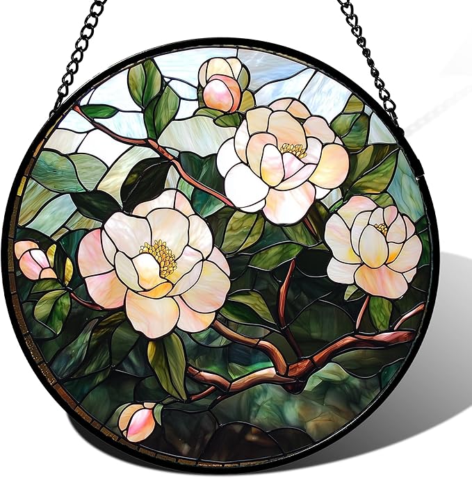 Stained Glass Suncatcher, Light Pink Flowers Green Leaf Sun Catcher Plant Stain Glass Window Hanging Decoration Mother's Day Birthday Gifts for Women Men Mom Nana 15 in
