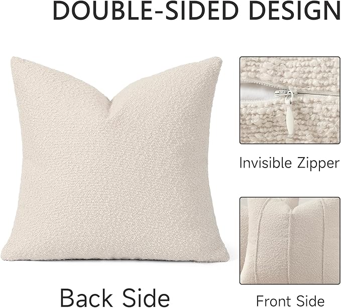 YCOLL Textured Boucle Throw Pillow Covers 20x20 Pack of 2 - Soft Neutral Striped Cushion Covers, Cozy Accent Decorative Pillow Covers for Couch, Sofa, Bed, Living Room (Beige)