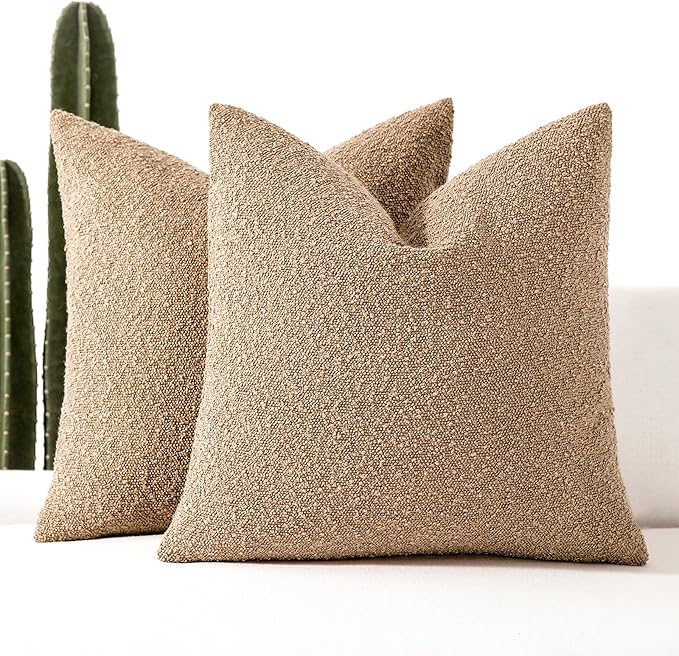 Boucle Decorative Throw Pillow Covers for Couch Set of 2, 26x26 inches, Camel