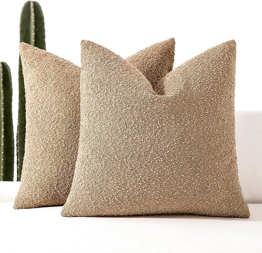 Boucle Decorative Throw Pillow Covers for Couch Set of 2, 18x18 inches, Camel