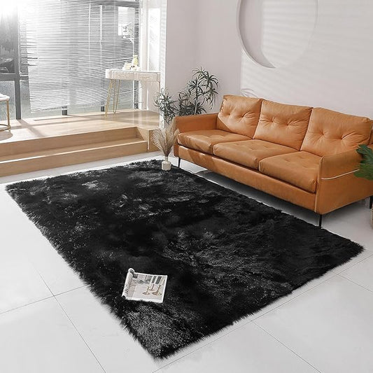 Faux Fur Rug Sheepskin Shag Fluffy Fuzzy Black 6x9 ft Rugs for Bedroom Bedside Bed Floor Living Room Plush Rectangle High-Density Cushion Carpet Super Sofa Cover