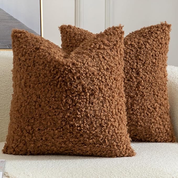 Yaertun Pack of 2 Faux Fur Throw Pillow Covers Decorative Sherpa Boucle Pillow Covers Fuzzy Soft Pillowcases Sheepskin Fleece Cushion Case for Couch Sofa Bed Living Room 18x18 Inch Brown