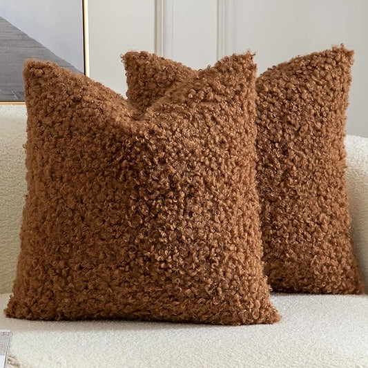 Yaertun Pack of 2 Faux Fur Throw Pillow Covers Decorative Sherpa Boucle Pillow Covers Fuzzy Soft Pillowcases Sheepskin Fleece Cushion Case for Couch Sofa Bed Living Room 24x24 Inch Brown