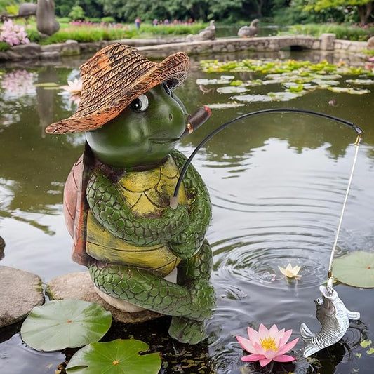 9.5" Turtle Fishing Sculptures & Statues, Whimsical Yard Art, Funny Pond Fisherman, Cute Outdoor Ornament, Unique Gift for Turtle Fishing Lovers