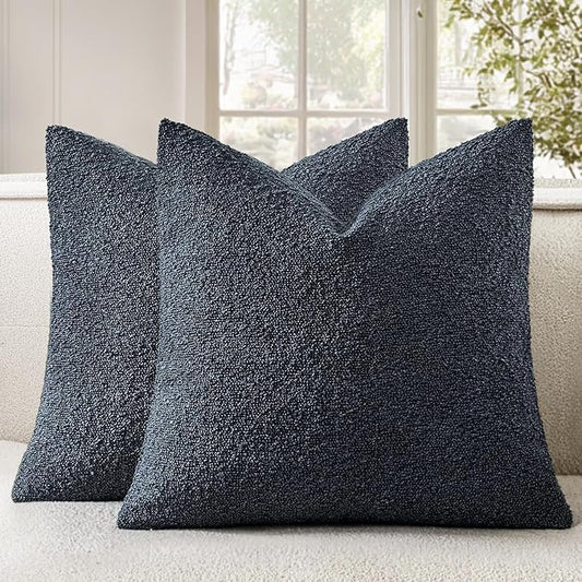 Woaboy Pack of 2 18x18 Inch Decorative Boucle Throw Pillow Covers Textured Square Pillowcaes Accent Solid Cozy Soft Cushion Covers Home Decor for Sofa Couch Living Room Home Decor,Navy Blue
