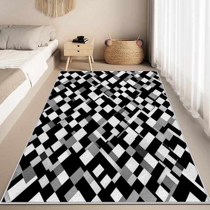 Black White and Grey Rug - Geometric Area Rug, Area Rugs 3x5, Modern Abstract Rugs, Irregular Block Splicing Carpet Washable Non Slip Home Decor Carpet for Living Room