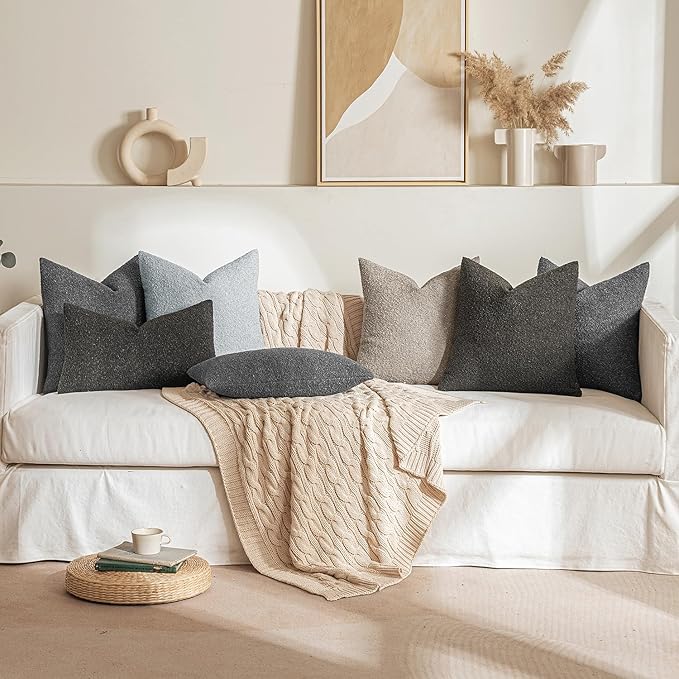 MIULEE 24x24 Decorative Euro Sham Throw Pillows for Bed Set of 2 Textured Boucle Neutral Winter Throw Pillow Covers Light Grey Accent Solid Couch Pillowcases Sofa Livingroom Home Decor
