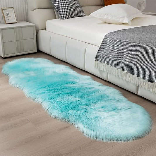 Faux Fur Rug Runner 2x6 ft Blue - Machine Washable Super Soft Plush Shaggy Fluffy Area Carpet,Sheepskin Rug Fuzzy Floor Mat for Bedroom, Sofa,Living Room, Bedside, Nursery & Kids Room