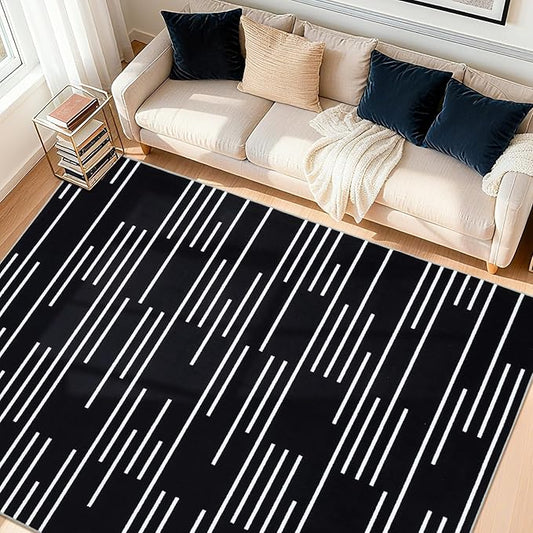 YIHOUSE Abstract Washable Rug 5x7,Ultra Thin Non Slip Black Rugs for Living Room,Modern Minimalist White Stripe Rugs for Bedroom,Dining Room Office Playroom (5'x7',Black-3)