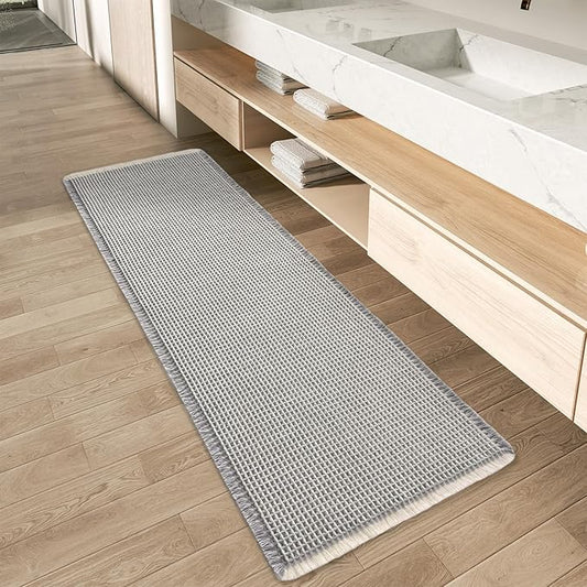 AMOAMI Upgraded Waffle Runner Rug Super Absorbent Non Slip Bath Mats for Bathroom Machine Washable Bathroom Runner Rug with Tassels, Ideal for Hallway Bedroom Laundry Room, 2' x 6', LightGrey & Cream