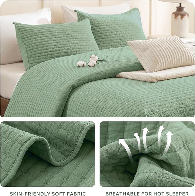 Sanracie Stonewashed Oversized King Quilt(120"x120"), Cotton Green Cross Stitch Pattern California King Quilt Sets 3Pcs Ultra Soft Breathable Crinkle Bed Coverlet Set for All Season