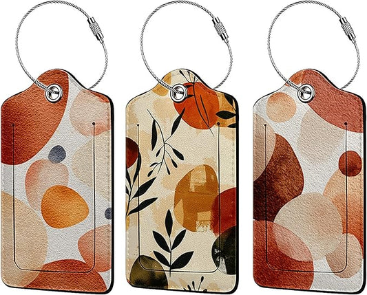 Abstract Boho 3 Pack Luggage Tags for Suitcases, PU Leather Baggage Suitcases Tag Name ID Label Privacy Cover Travel Bag Tags for Women Men Boys Girls