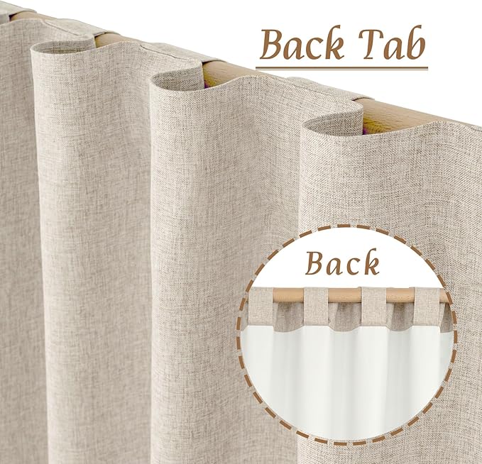 LAMIT Natural 100% Blackout Linen Curtains, 48 Inches Linen Textured Thermal Bedroom Drapes Back Tab and Rod Pocket Neutral Panels with White Liner for Windows, 2 Panels, 42 x 48 Inch, Oatmeal