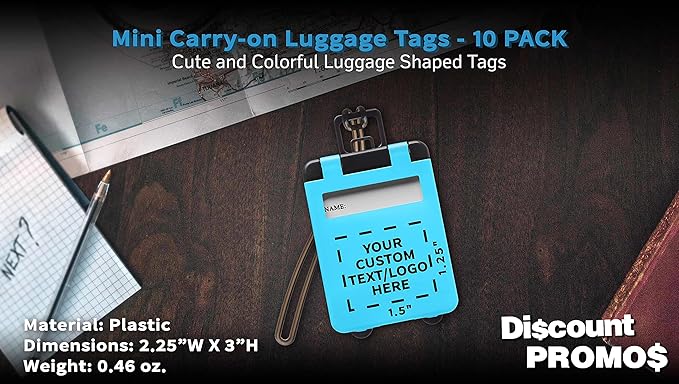 10 Mini Carry-on Luggage Tags Pack - Customizable Text, Logo - Flip Open Cover, ID Sticker - Light Blue