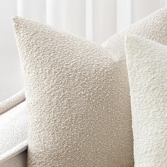 Woaboy Pack of 2 22x22 Inch Decorative Boucle Throw Pillow Covers Textured Square Pillowcaes Accent Euro Solid Cozy Soft Cushion Covers Home Decor for Sofa Couch Living Room Home Decor,Natural Beige