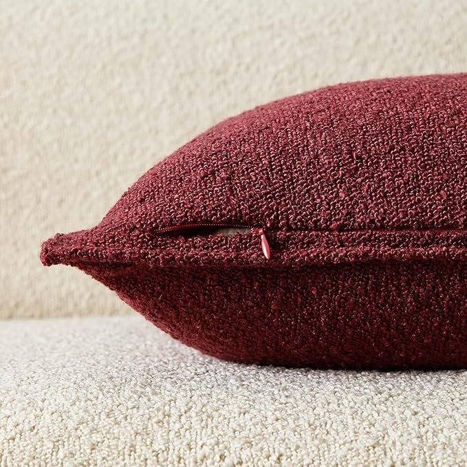 JUSPURBET 16x24 Throw Pillow Covers Set of 2 Decorative Pillow Covers for Couch Sofa Bed Cozy Boucle Textured Lumbar Cushion Covers Cases with Invisible Zipper for Living Room Home Decor,Burgundy