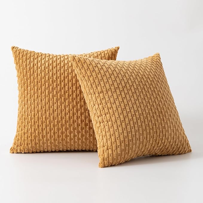 Kevin Textile Throw Pillow Covers Soft Corduroy Decorative Set of 2 Boho Striped Pillow Covers Pillowcases Farmhouse Home Decor for Couch Bed Sofa Living Room 16x16 Inch Gold
