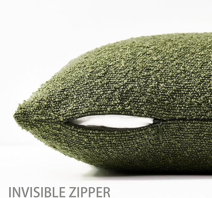 Boucle Decorative Lumbar Pillow Covers for Couch Set of 2, 12x20 inches, Olive