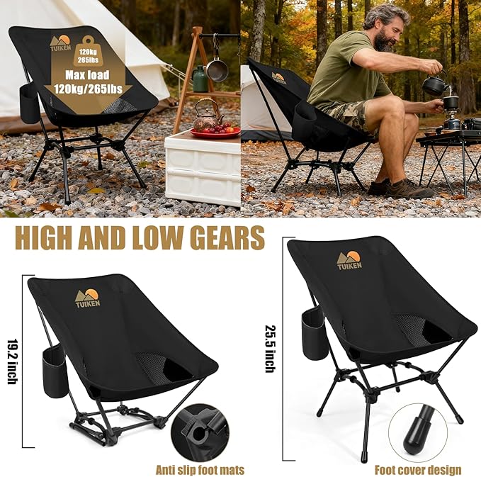 TUIKEN Ultralight Camping Chair Backpacking Chair, Portable Camp Chair with Cup Holder & Storage Bag, Lightweight Compact Folding Chair for Hiking, Travel, Picnic Mountaineering (Black)