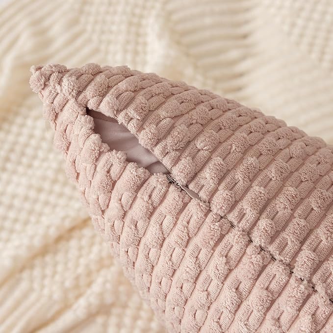 Kevin Textile 24x24 Pillow Covers 2 Packs Light Pink with Stripe Pattern Super Soft Corduroy Square Solid Cushion Cover Valentines Day Gifts for Couch Sofa Bedroom Living Room 60x60 cm