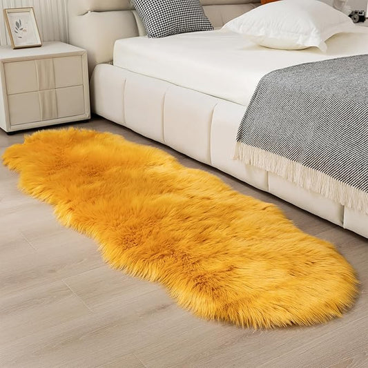 Faux Fur Rug Runner 2x6 ft Yellow - Machine Washable Super Soft Plush Shaggy Fluffy Area Carpet,Sheepskin Rug Fuzzy Floor Mat for Bedroom, Sofa,Living Room, Bedside, Nursery & Kids Room