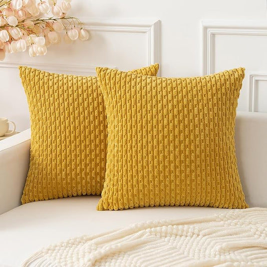 Kevin Textile Throw Pillow Covers Soft Corduroy Decorative Set of 2 Boho Striped Pillow Covers Pillowcases Farmhouse Home Decor for Couch Bed Sofa Living Room 22x22 Inch Mustard Yellow