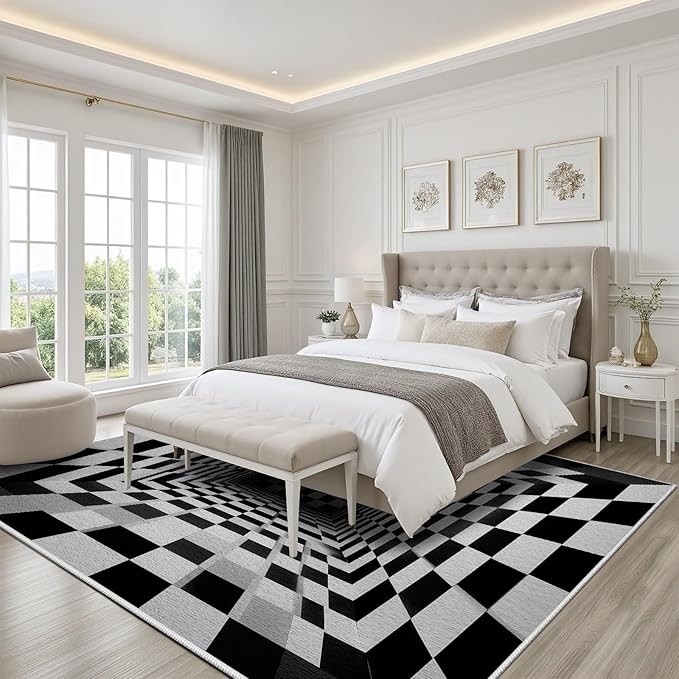 Optical Illusion Rug - Black and White Rug for Living Room, Soft Ultra Soft Faux Wool 3x5 Area Rugs Floor Mats, Non Slip&Non-Shedding Low Pile Checkered Washable Rugs, Abstract Geometric Carpet