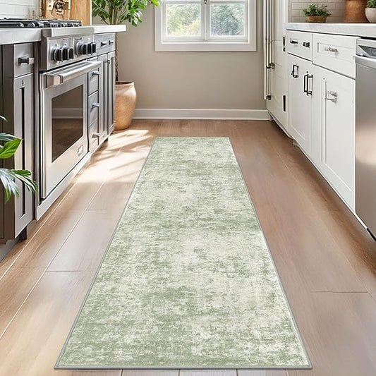 Modern Abstract Runner Rug for Bedroom 2x7, Sage Green Grey Washable Kitchen Runner, Non-Slip Soft Thin Faux Wool Mat for Entryway, Hallway, Laundry Room Indoor