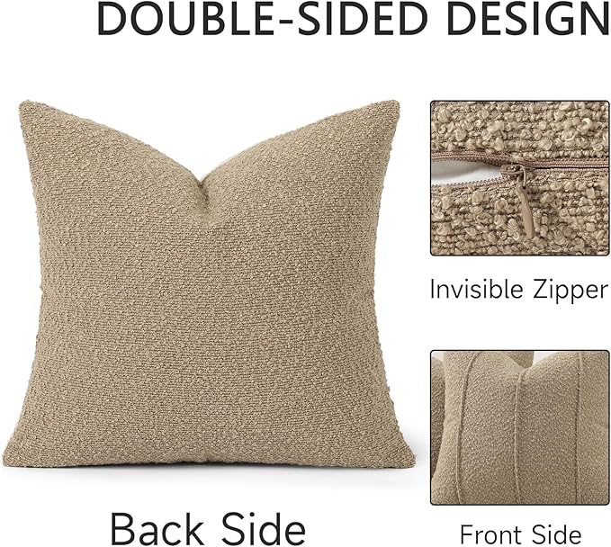 YCOLL Textured Boucle Throw Pillow Covers 22x22 Pack of 2 - Soft Neutral Striped Cushion Covers, Cozy Accent Decorative Pillow Covers for Couch, Sofa, Bed, Living Room (Taupe)
