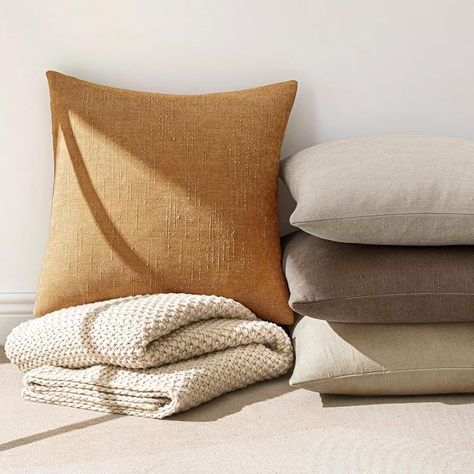 MIULEE Pack of 2 Decorative Throw Pillow Covers Soft Chenille Throw Pillows Solid Textured Cushion Covers Home Decor for Couch Sofa Bedroom Living Room 18x18 Inch,Golden Brown