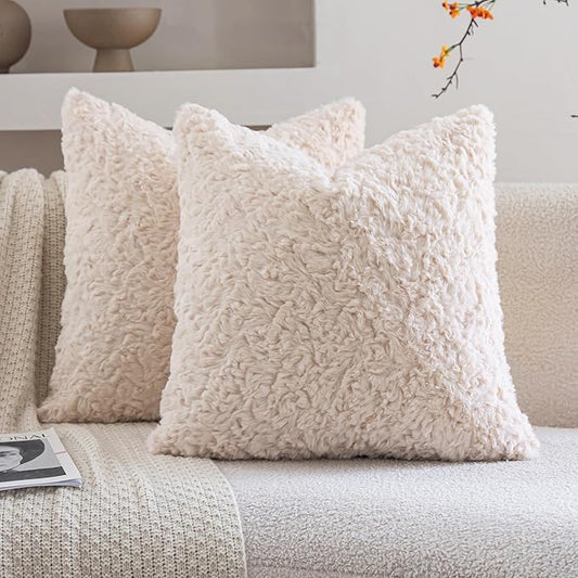 Neelvin Set of 2 Faux Fur Throw Pillow Covers 22x22 Inch Beige Cozy Soft Solid Decorative Pillowcases Thick Plush Sheepskin Cushion Case for Chair and Couch Sofa Bedroom