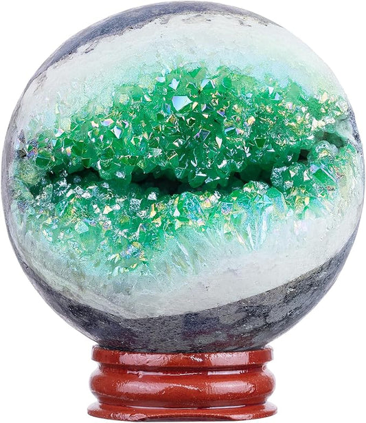 Sportmusies Titanium Coated Rock Crystal Geode Ball with Wooden Stand, Druzy Quartz Stone Cluster Sphere Reiki Home Office Decoration, Green