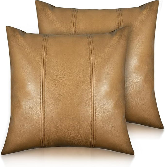 Faux Leather Throw Pillow Cover 16X16 Inch Set of 2 Brown Outdoor Modern Farmhouse Solid Decorative Pillow Covers for Room Couch Living Bedroom Bed Sofa