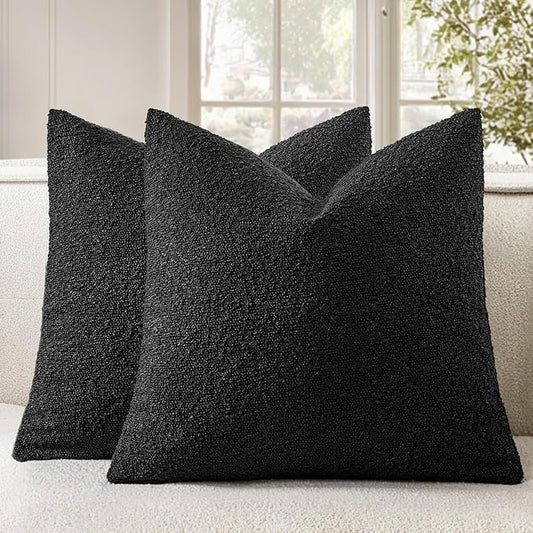 Woaboy Pack of 2 18x18 Inch Decorative Boucle Throw Pillow Covers Textured Square Pillowcaes Accent Solid Cozy Soft Cushion Covers Home Decor for Sofa Couch Living Room Home Decor,Black