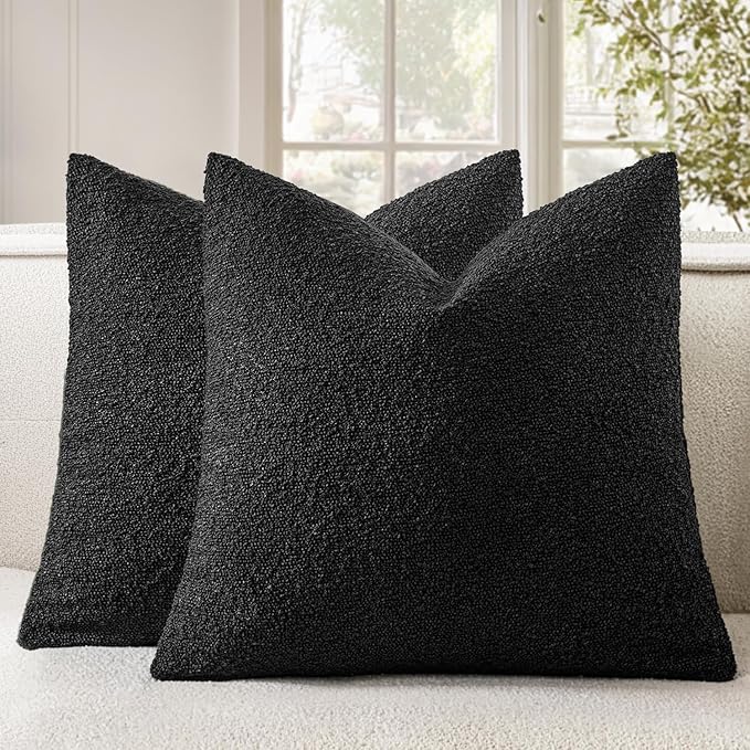 Woaboy Pack of 2 20x20 Inch Decorative Boucle Throw Pillow Covers Textured Square Pillowcaes Accent Solid Cozy Soft Cushion Covers Home Decor for Sofa Couch Living Room Home Decor,Black