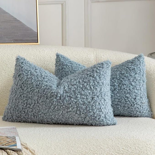 Yaertun Pack of 2 Faux Fur Throw Pillow Covers Decorative Sherpa Boucle Pillow Covers Fuzzy Soft Pillowcases Sheepskin Fleece Cushion Case for Couch Sofa Bed Living Room 12x20 Inch Light Blue