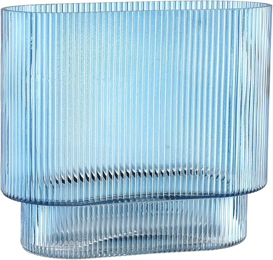 Ribbed Glass Vase, Blue Glass Vase, Fluted Short Vases for Flowers, Modern Vases for Living Room, Dining Room, Bathroom, Desk, Shelf, Wedding, Office, 7 Inches