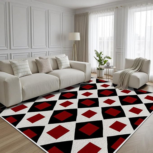 Plaid Rug 7x10, Vintage Geometric Soft Ultra Soft Faux Wool Low Pile Rug, Indoor Floor Mats Carpet, Non-Slip Stain Resistant Washable Rugs, Modern Red Rugs for Living Room Home Office Decor