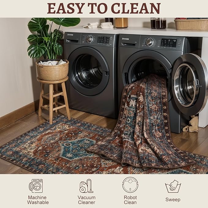 Tangsoo Oriental 5x7 Area Rug Washable Rug for Living Room, Vintage Indoor Non Slip Large Area Rugs, Print Distressed Rust Carpet, Soft Low Pile Foldable Floor Rug for Bedroom Dining Room Dorm