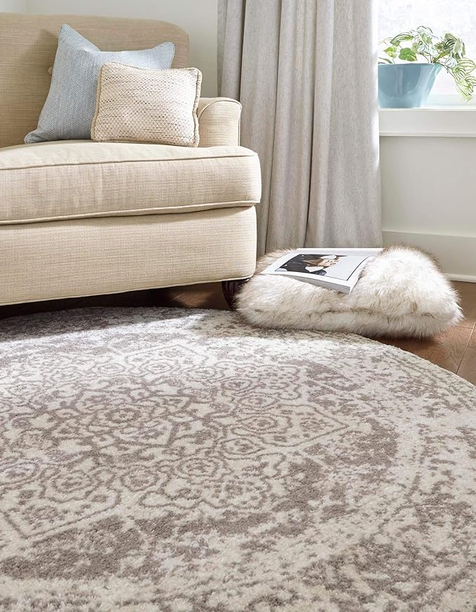 Rugs.com Arlington Collection Rug – 8 Ft Round White Medium-Pile Rug Perfect for Kitchens, Dining Rooms