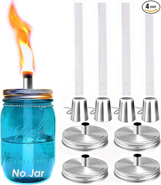 Yitee Mason Jar Tabletop Torch Kits,4 Pack Longlife Fiberglass Wicks,Stainless Steel Mason Jar Lids Caps Included,Outdoor Deck Oil Lamp Torch,Patio Xmas Decor