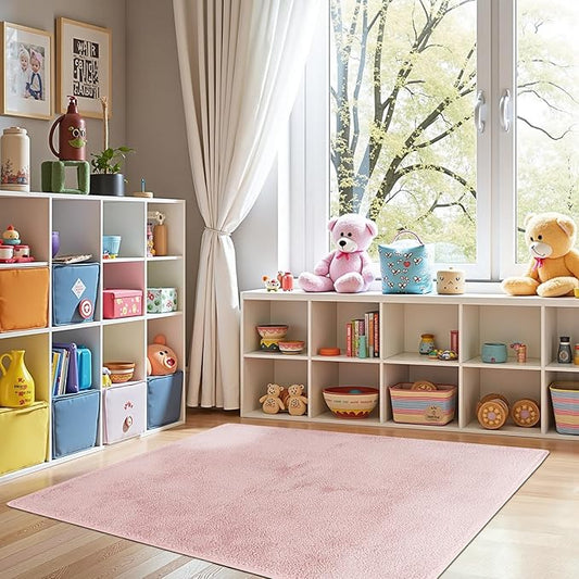 jinchan Solid Plush Area Rug 4x6 Performance Shaggy Washable Rug Indoor Soft Modern Faux Wool Cozy Non Slip Carpet for Living Room Kids Room Bedroom Dining Room Nursery Pink