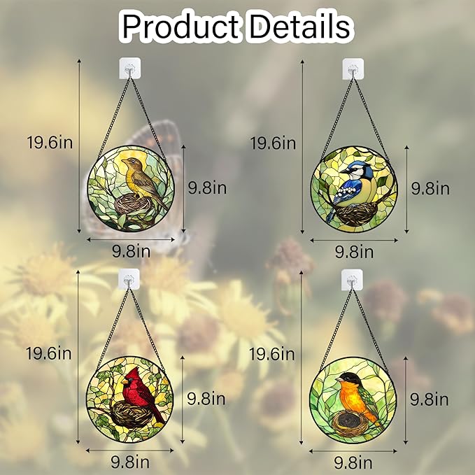DASTOLL Stained Glass Window Hanging 4 Pcs Set Bird Theme On Branch 9.8" - Cardinal Suncatcher Door Garden Sun Catcher Decor Birthday Christmas for Mom Woman Nana Men