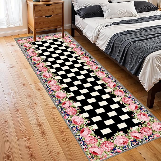 Checkered Floral Design Runner Rug for Entryway, 2.6x10ft, Pink Rose Luxury Fall Decor Area Carpets for Bedroom, Absorbent Machine Washable Shed Resistant Non-Slip Throw Rugs for Entry