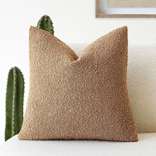 Foindtower Decorative Textured Boucle Throw Pillow Covers Accent Solid Pillow Cases Neutral Soft Cozy Couch Cushion Case for Chair Sofa Bedroom Living Room Home Decor 26 x 26 Inch,Tobacco