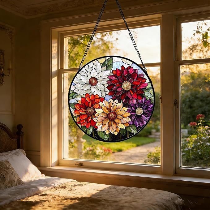 Stained Glass Window Hanging, Colorful Flowers Sun Catcher for Window Door Home Decor Plant Suncatcher Christmas Mother's Day Birthday Gifts for Women Men Mom and Nana 11.8 in