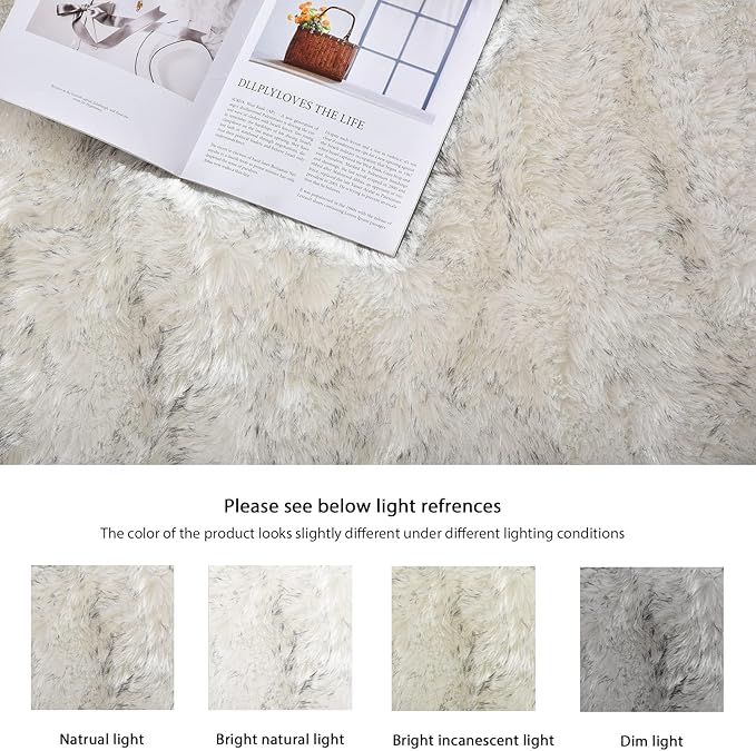White and Grey Rug 8x10 Area Rugs for Living Room Machine Washable Shag Faux Sheepskin Furry Fur Rug Large Nursery Rectangle