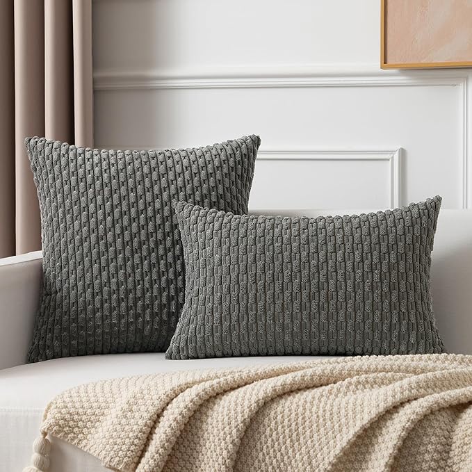 Kevin Textile 2 Packs Dark Grey Decorative Throw Pillow Covers 26x26 Inch for Living Room Couch Bed Sofa Rustic Farmhouse Boho Home Decor Soft Striped Corduroy Square Cushion Case 66x66 cm